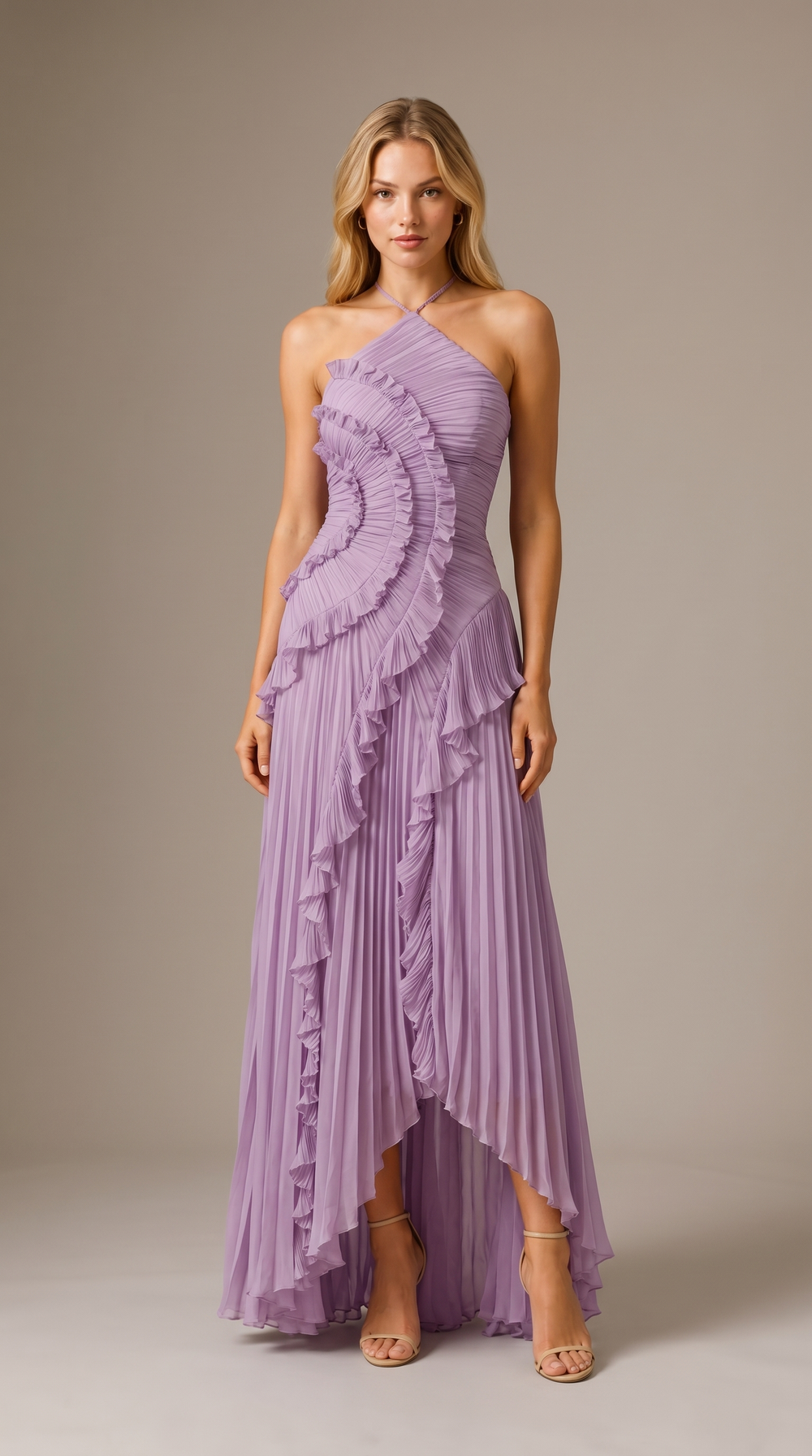 Celeste | Abito Maxi Halter con Volant e Pieghette